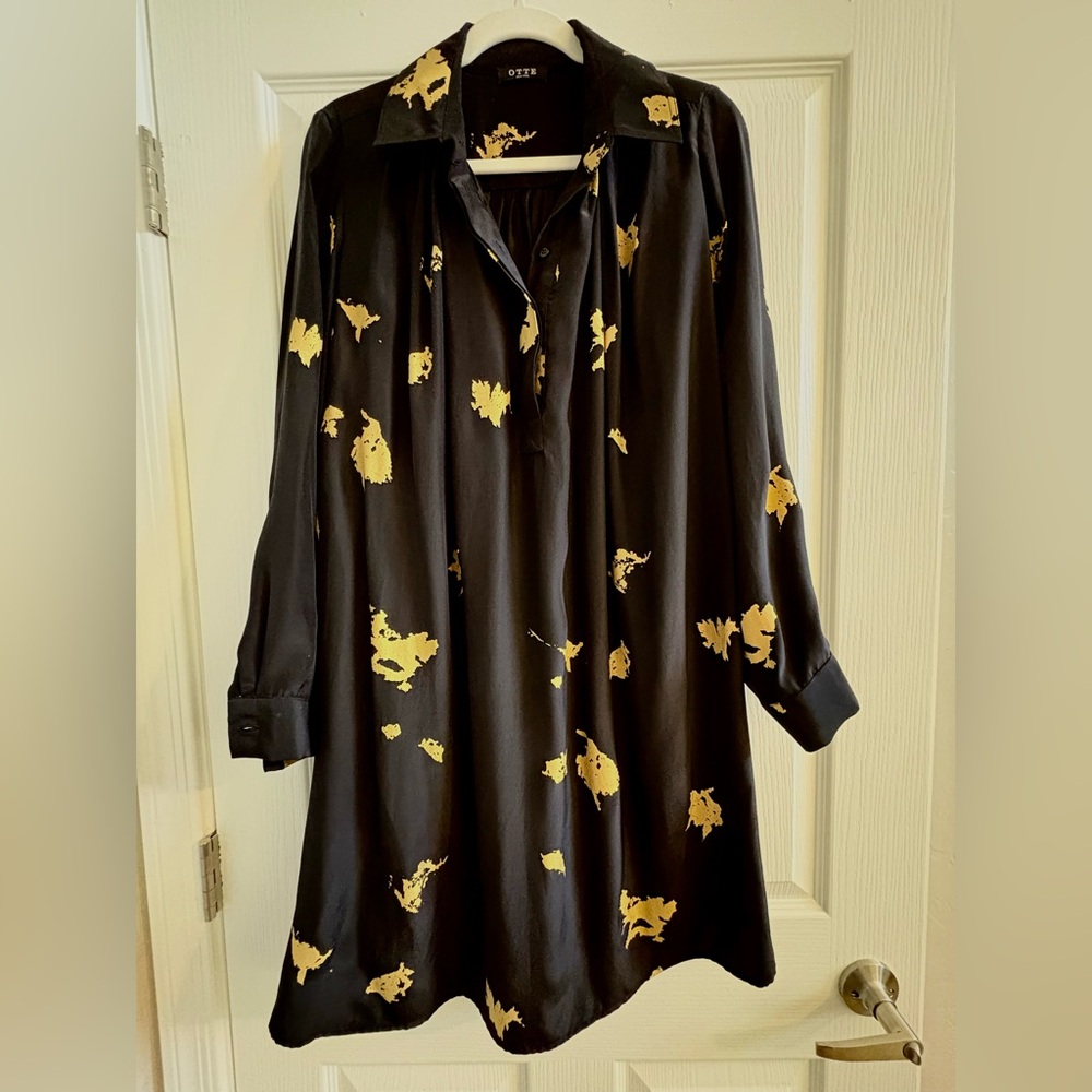 OTTE New York Luxury Black and Gold Leaf Splatter Shirt Dress with Pockets Sz M - Picture 3 of 12